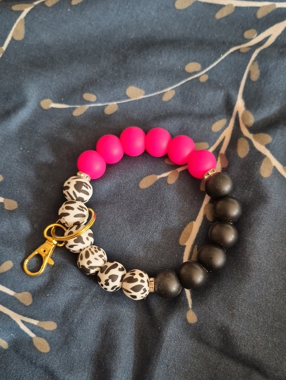 Beaded Wristlet Keychain - Hot Pink, Black & White Animal Print